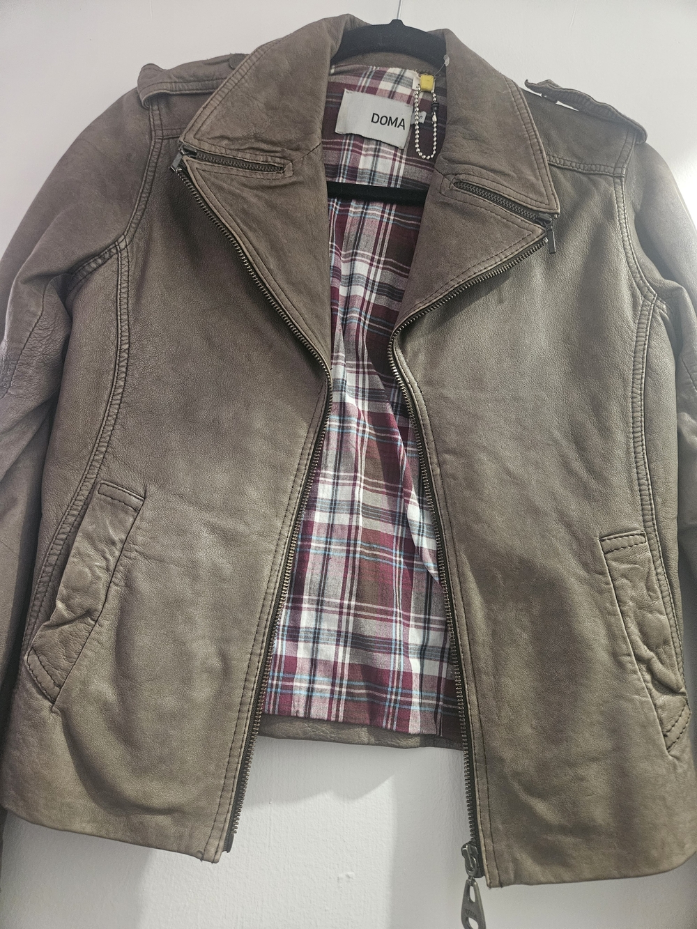 Doma Taupe Leather Moto Jacket with Plaid Lining